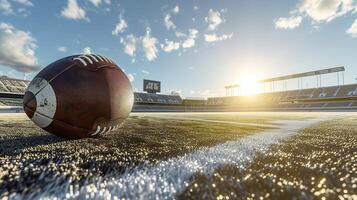 ai generiert breit Winkel Sicht, amerikanisch Fußball Stadion mit Ball auf Boden foto