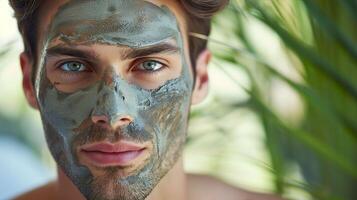 ai generiert heiter Schönheit, gut aussehend Mann mit Lehm Maske im still Spa foto