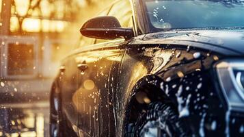 ai generiert Auto Spa Erfahrung, effizient Auto waschen mit Schaum und Wasser foto