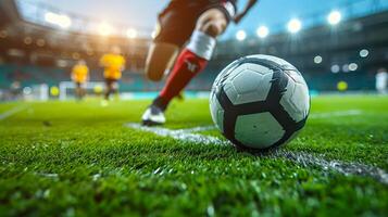 ai generiert Fußball Spiel Intensität, Spieler Dribbling auf groß Stadion Feld foto