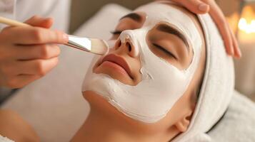 ai generiert Schönheit Spa Freude, Gesichts- Behandlung mit Peeling Maske durch erfahren Kosmetikerin foto