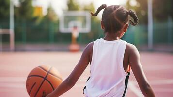 ai generiert Basketball üben, afrikanisch amerikanisch Mädchen hüpfen Ball im Uniform foto