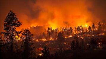 ai generiert Klima Veränderung Krise, Lauffeuer verschlingt Stadt, Dorf im verheerend Flammen foto