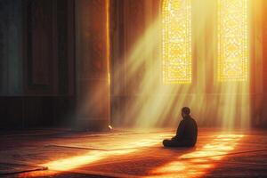 ai generiert Muslim Mann beten im Moschee mit islamisch Konzept Foto. foto