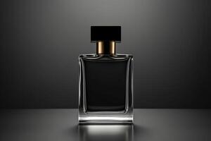 ai generiert schwarz Duft Parfüm Flasche Attrappe, Lehrmodell, Simulation auf dunkel Hintergrund foto