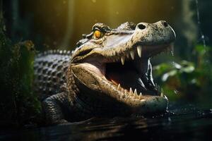 ai generiert klein Krokodil mit öffnen Mund. foto