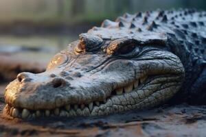 ai generiert Schlafen Krokodile Nahansicht Gesicht auf Land. foto
