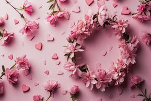 ai generiert Valentinstag Tag Rosa Blume Kranz auf Pastell- Hintergrund. foto