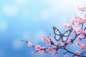 ai generiert Schmetterling und Aprikose Baum im Frühling beim Sonnenaufgang foto