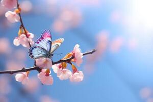 ai generiert Schmetterling und Aprikose Baum im Frühling beim Sonnenaufgang foto