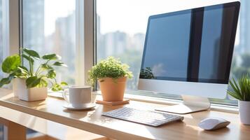 ai generiert modern Arbeitsplatz, Desktop Computer auf ein Schreibtisch mit ein Aussicht foto