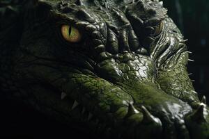 ai generiert Nahansicht von groß Krokodil Kopf mit zahnig Mund und Grün Auge. foto