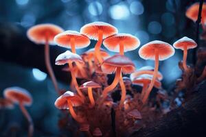 ai generiert Makro Fotografie von bunt Pilze auf Baum. foto