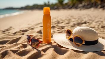 ai generiert Sonnencreme, Hut, Sonnenbrille auf Meer Hintergrund foto