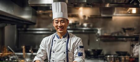 ai generiert glücklich asiatisch männlich Koch im Restaurant Küche foto