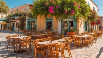 ai generiert Sommer- Cafe auf das Straße im Griechenland foto