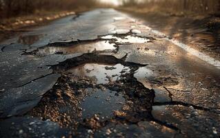 ai generiert ein beschädigt Asphalt Straße mit groß Schlaglöcher, umgeben durch nackt Bäume, beleuchtet durch das Sanft Licht von das Rahmen Sonne. foto