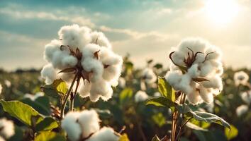 ai generiert Baumwolle Blume Ast auf Natur foto
