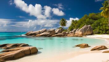 ai generiert großartig sonnig Strand im Seychellen foto