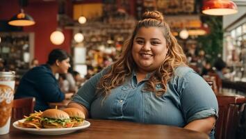 ai generiert Porträt von ein sehr Fett Frau im ein Cafe foto