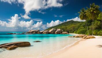 ai generiert großartig sonnig Strand im Seychellen foto