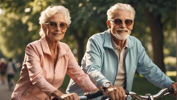 ai generiert Alten Paar auf ein Fahrrad Reiten im ein Sommer- Park foto