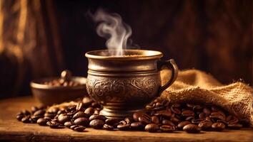 ai generiert Tasse von Kaffee, Körner Jahrgang Hintergrund foto