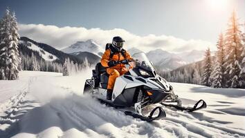 ai generiert Rennfahrer Reiten ein Schneemobil im ein Winter passen im ein schön großartig schneebedeckt Wald, Berge foto