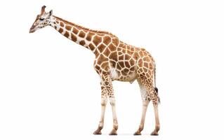 ai generiert ein Giraffe steht anmutig, präsentieren es ist lange Hals und unverwechselbar entdeckt Mantel isoliert auf Weiß Hintergrund. foto