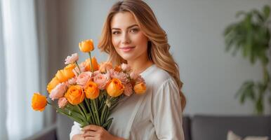 ai generiert Porträt von ein schön Frau mit ein Strauß von Blumen im das Leben Zimmer foto