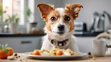 ai generiert süß Hund Sitzung im das Küche beim das Tabelle foto