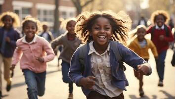 ai generiert glücklich afrikanisch amerikanisch Schulkinder Laufen durch das Schule Hof foto