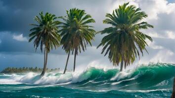 ai generiert stark Wind tropisch Sturm Palme Bäume, Ozean Ufer foto