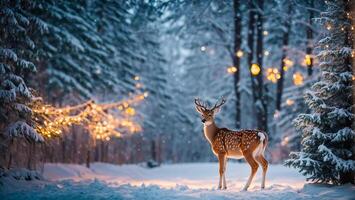 ai generiert süß Hirsch im das Winter Wald foto