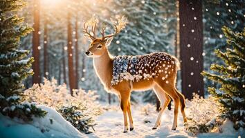 ai generiert süß Hirsch im das Winter Wald foto