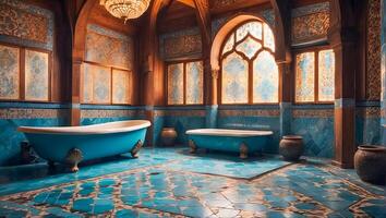 ai generiert schön Badezimmer im traditionell Türkisch Stil foto