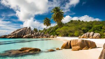 ai generiert großartig sonnig Strand im Seychellen foto