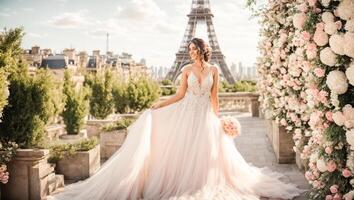 ai generiert schön Braut im ein Weiß Kleid gegen das Hintergrund von das Eiffel Turm foto