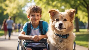 ai generiert wenig Junge im ein Rollstuhl auf das Straße mit ein Hund foto