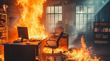 ai generiert Flucht das Verbrennung Büro, heftig Arbeitsplatz Feuer Katastrophe foto