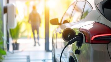 ai generiert elektrisch Auto Laden beim heim, Öko freundlich Konzept mit progressiv Mann foto