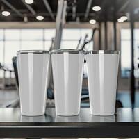 ai generiert Fitness wesentliche, kurz Becher Produkt Attrappe, Lehrmodell, Simulation auf Fitnessstudio Bank foto