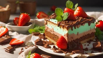 köstlich Schokolade Kuchen mit Erdbeeren foto