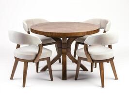 ai generiert hölzern runden Essen Tabelle mit vier Weiß Stühle. modern Designer, Essen Tabelle und Stühle isoliert auf Weiß Hintergrund. Serie von Möbel. foto