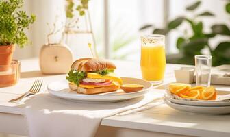 ai generiert Sandwich mit Käse, Salat und Orange Saft auf ein hölzern Tabelle foto