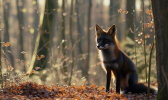 ai generiert grau Fuchs Sitzung im ein Wald im Herbst, foto