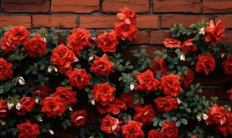 ai generiert rot Rosen mit Grün Blätter auf ein Backstein Mauer Hintergrund. foto