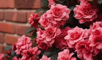 ai generiert schön Blühen Rosen auf Backstein Mauer Hintergrund, Nahansicht Aussicht foto