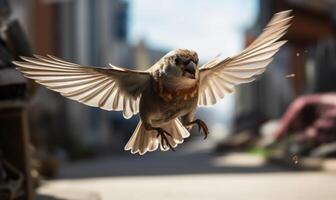 ai generiert ein Spatz fliegend niedrig Über ein Stadt Straße mit Gebäude im das Hintergrund foto