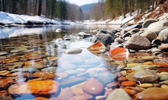 ai generiert gefallen Blätter im das Eis auf das Fluss im das Winter Wald foto